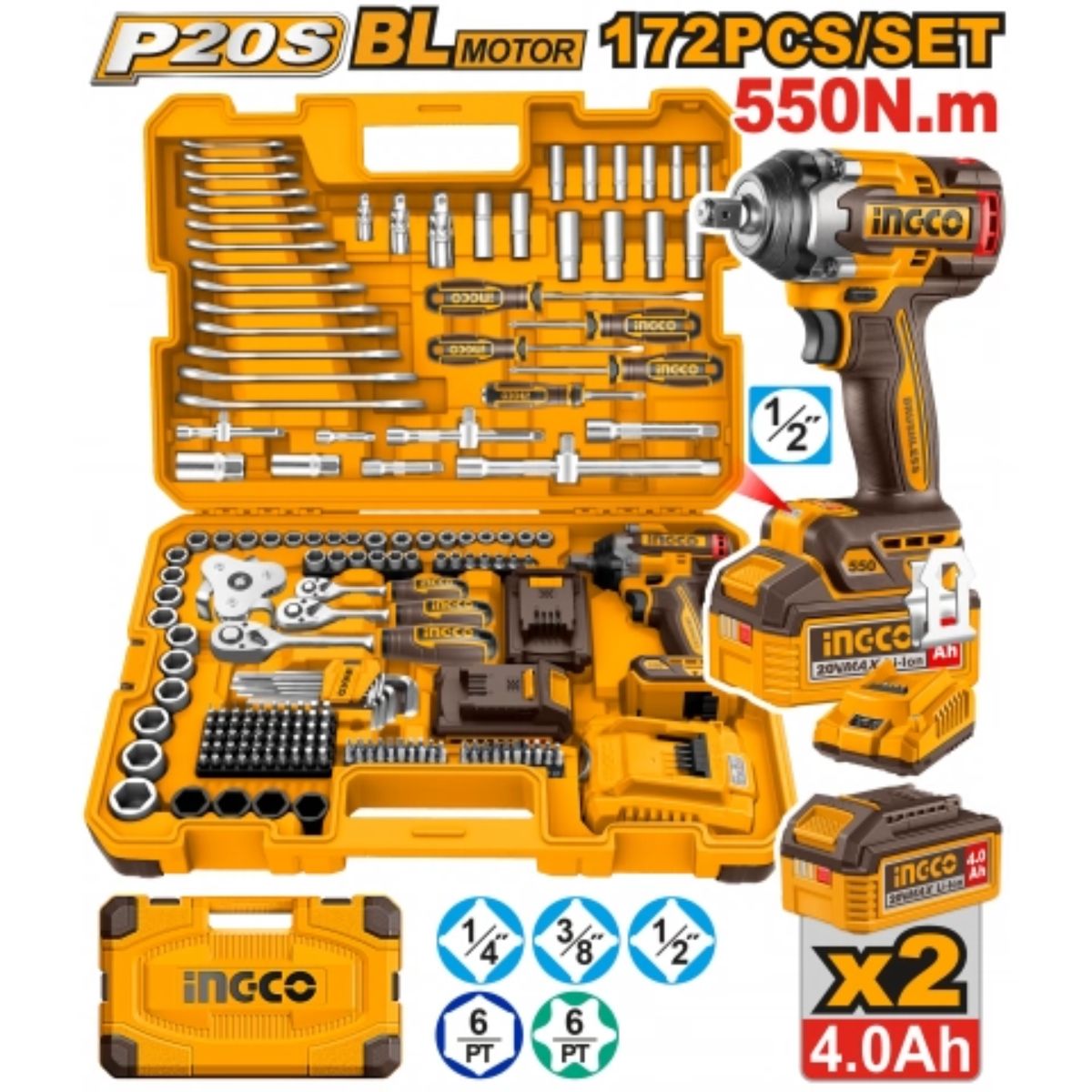 KIT SET 172 HERRAMIENTAS COMBINADAS + LLAVE DE IMPACTO A BATERIA 550NM 20V + 2 BAT 4.0AH + CARGADOR + VALIJA INGCO