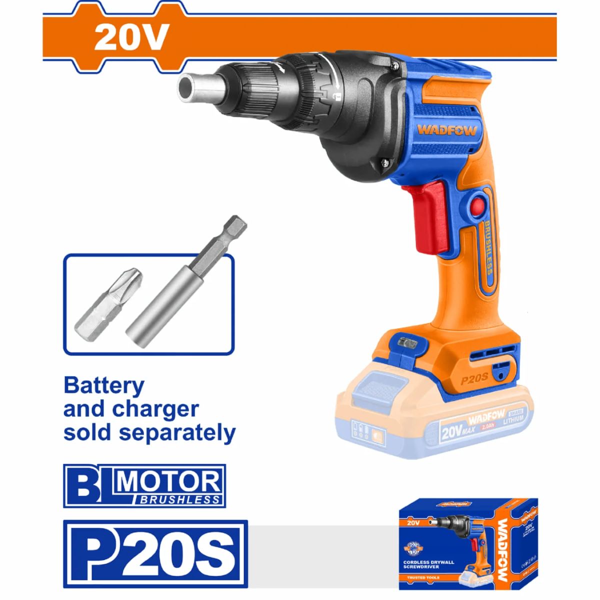 DESTORNILLADOR INALAMBRICO PARA DRYWALL WADFOW 20V 35 NM SIN BATERIA NI CARGADOR