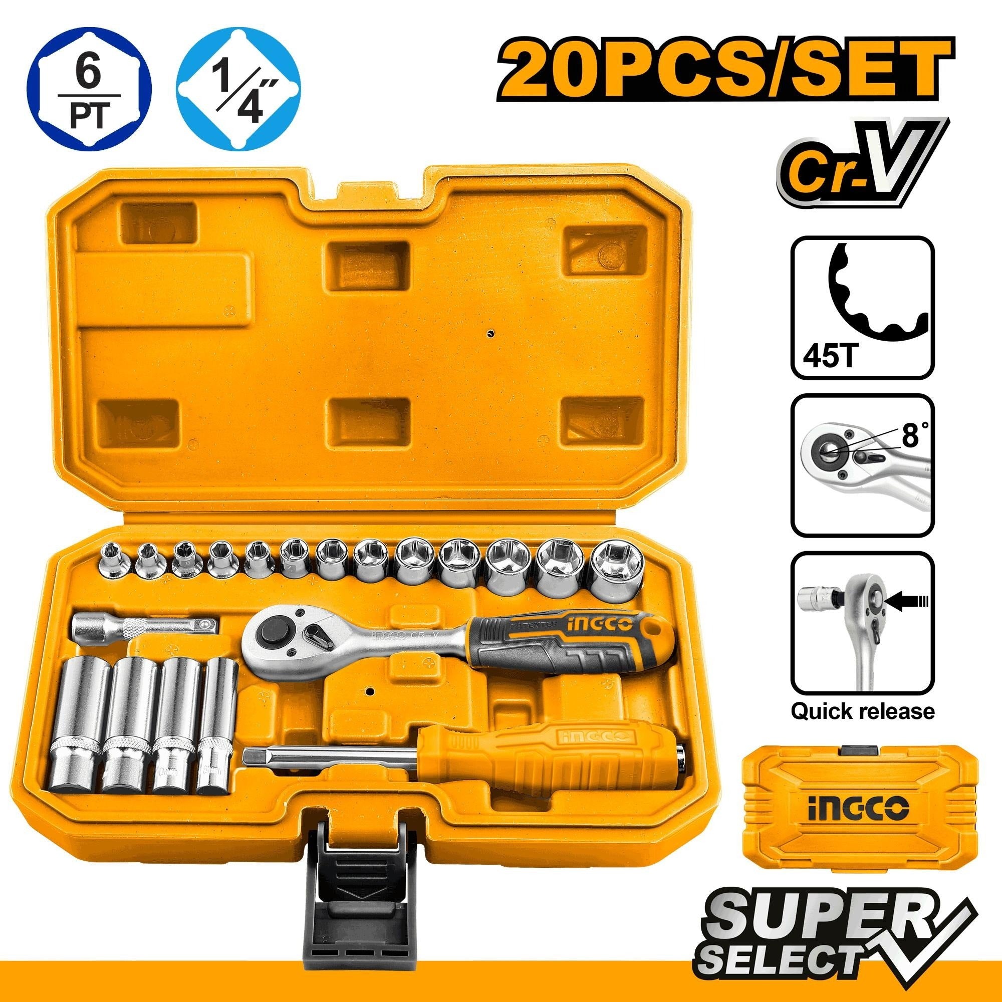 JUEGO DE DADOS LLAVE 1/4" INGCO 20 PIEZAS RATCHET