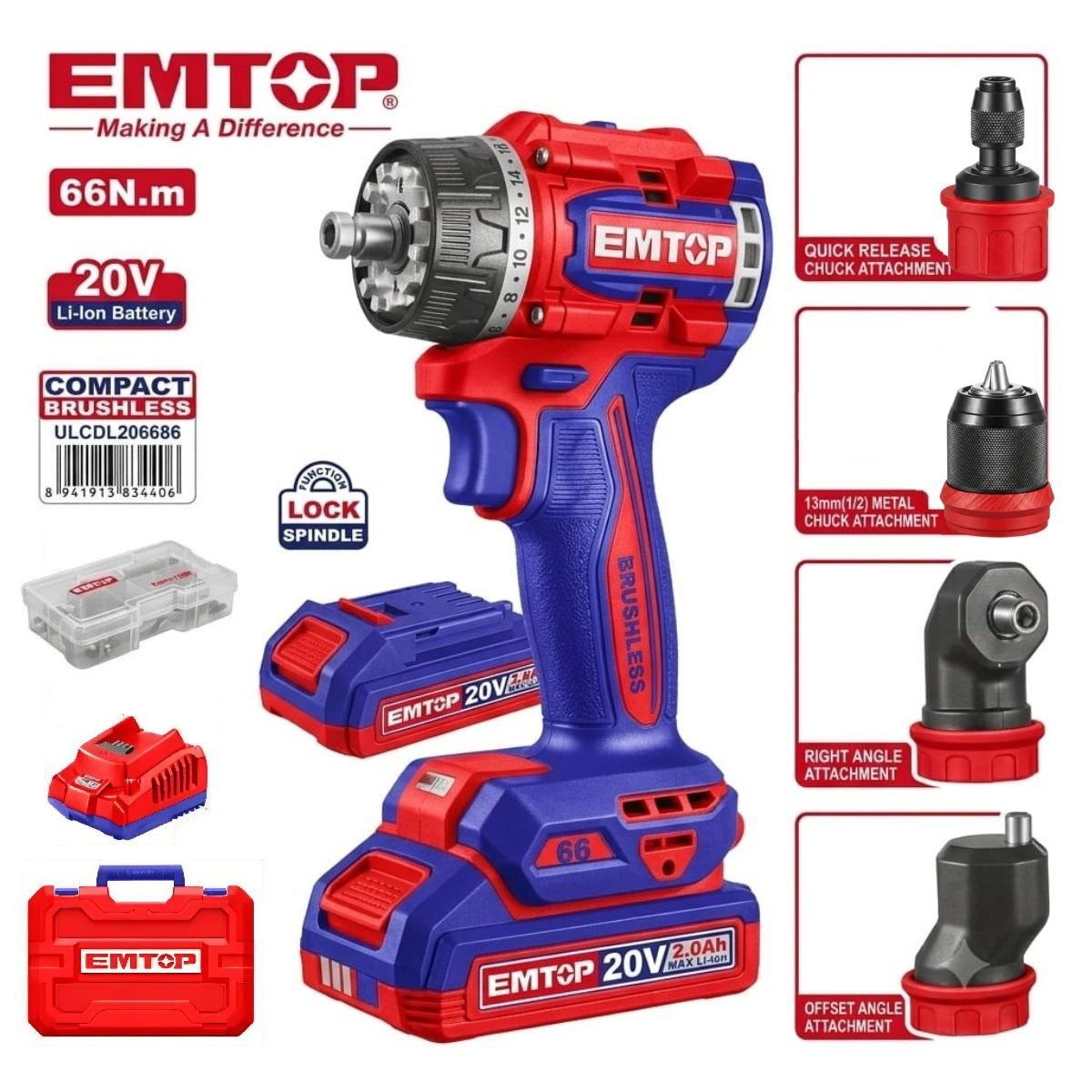 TALADRO INALAMBRICO 20V BRUSHLESS 66NM EMTOP MULTICABEZAL