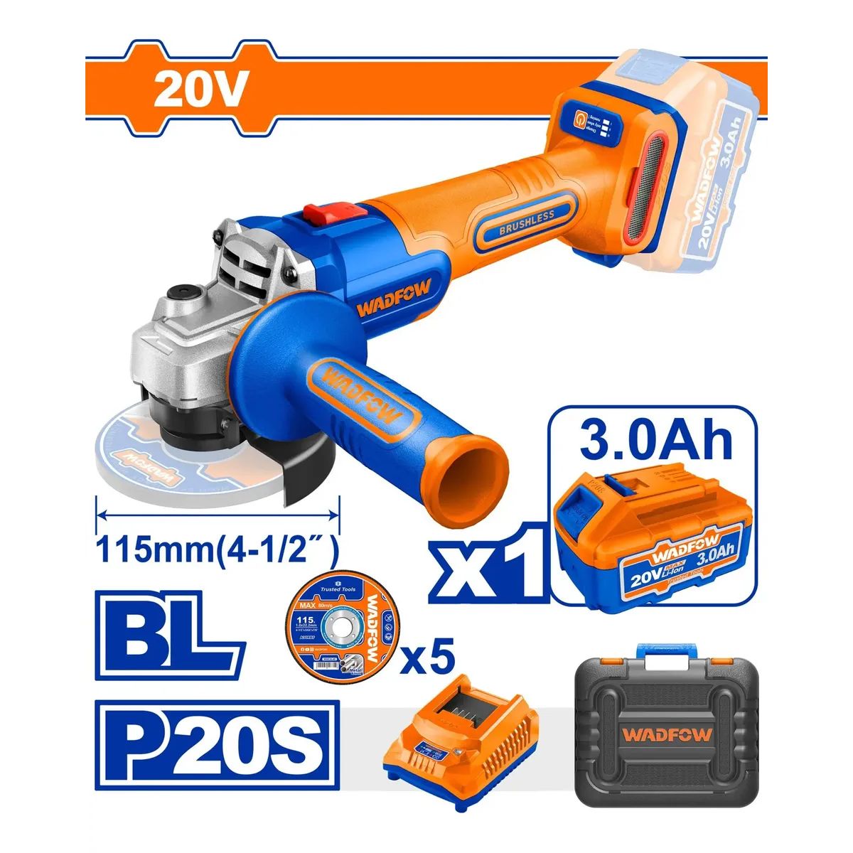 ESMERIL WADFOW INALAMBRICO 4 1/2 20V CON 5 DISCOS, CARGADOR Y BATERIAS 4.0 AH