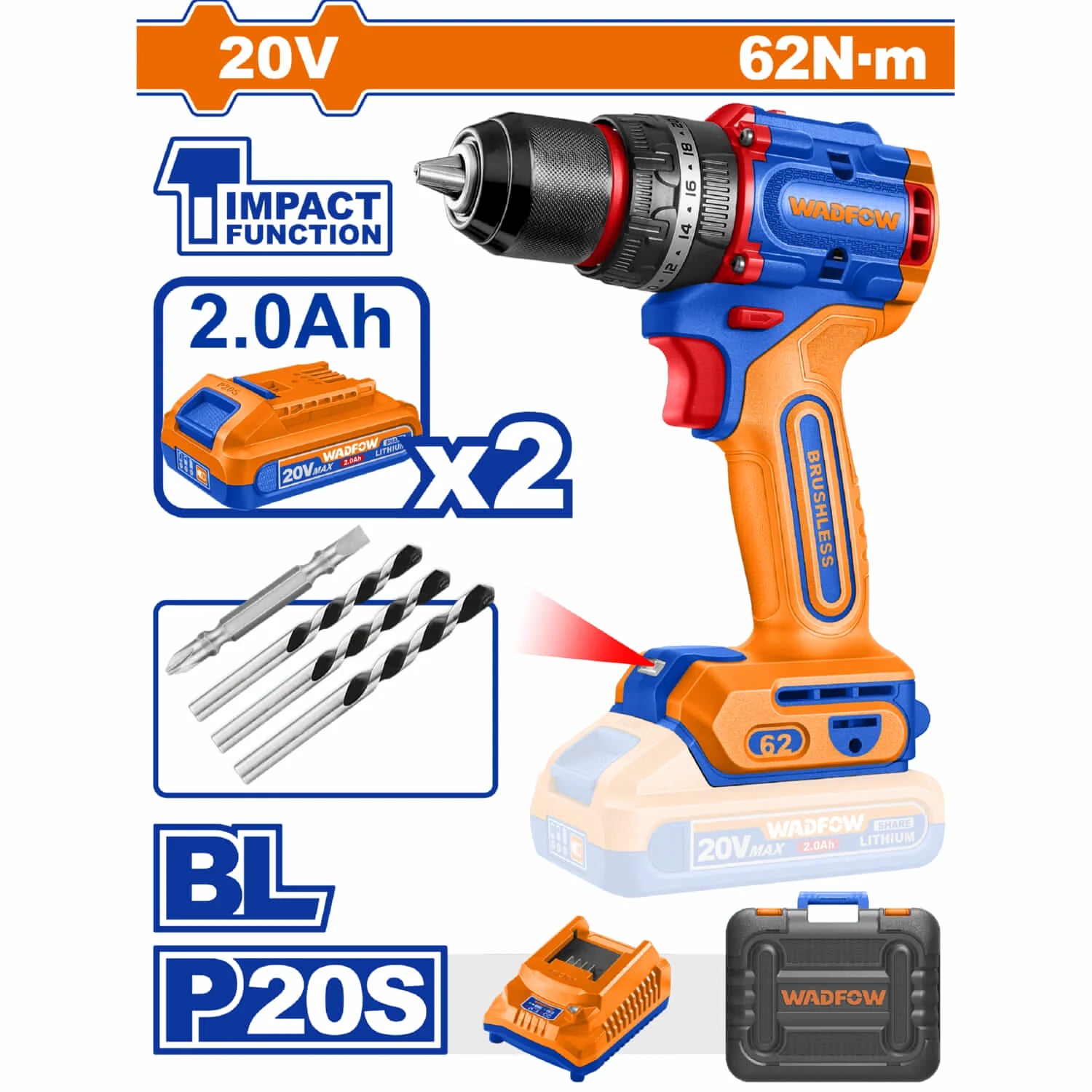 TALADRO INALAMBRICO WADFOW 20V 62NM