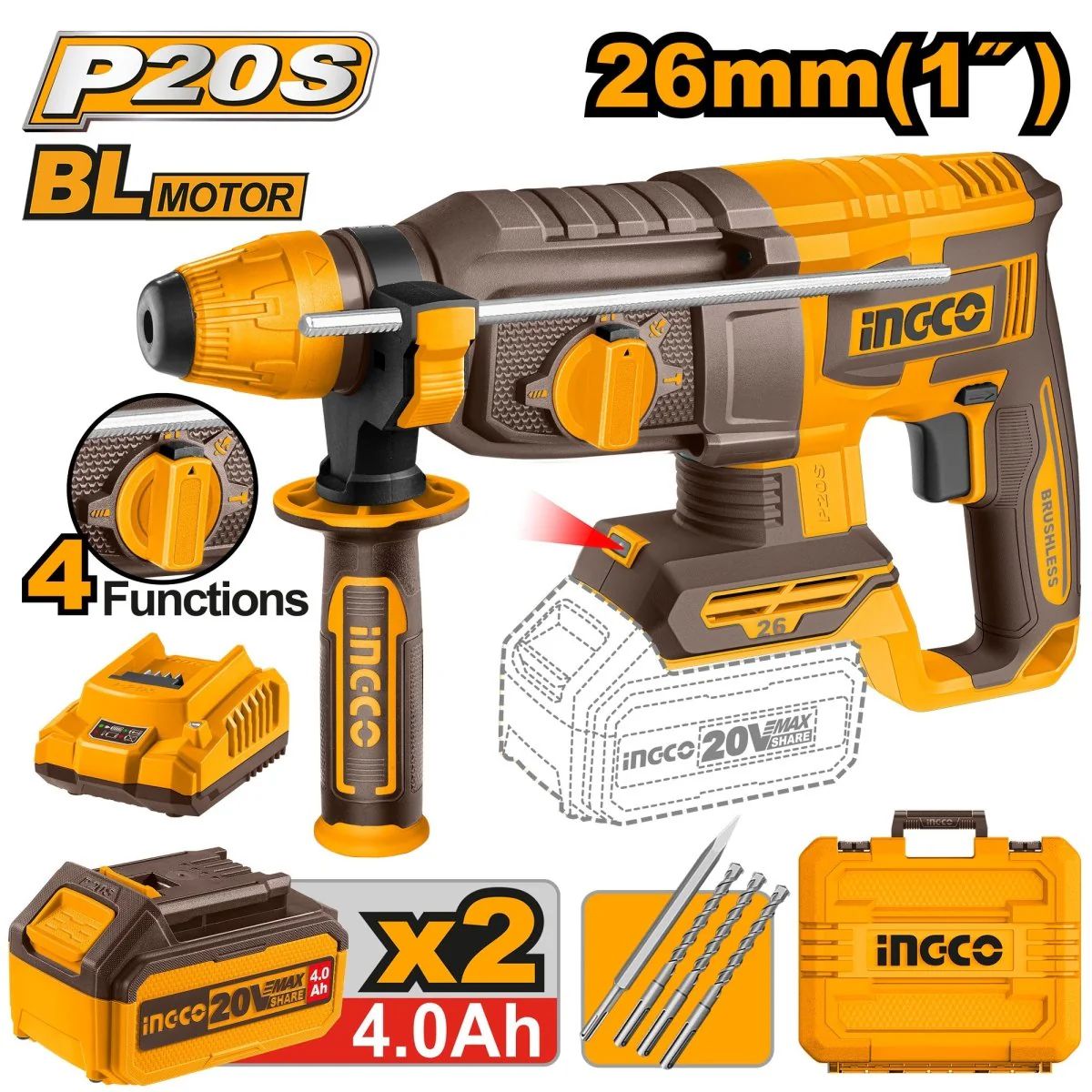 ROTOMARTILLO INALÁMBRICO INGCO 20V SDS PLUS + 2 BATERÍAS 4AH Y ACCESORIOS