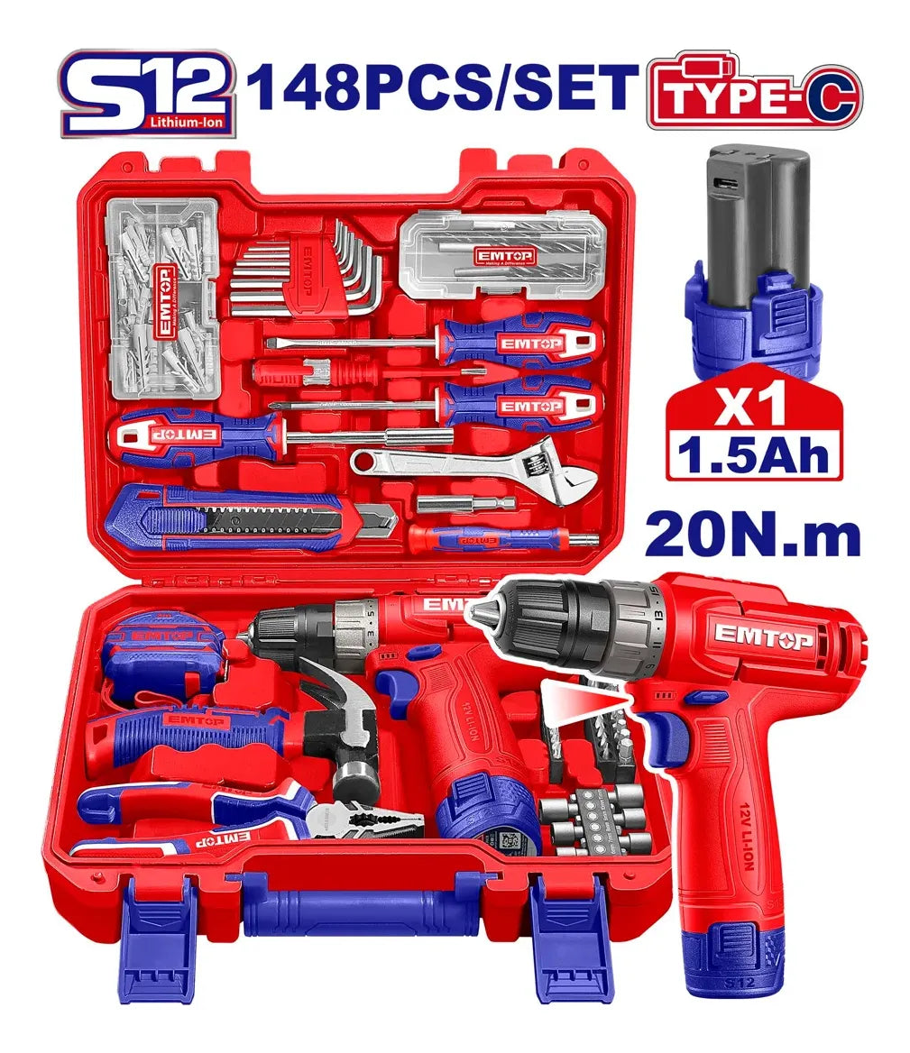 JUEGO CAJA DE HERRAMIENTAS 148 PIEZAS 12V 20NM EMTOP