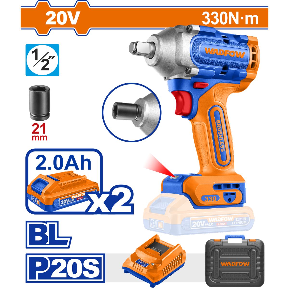 LLAVE DE IMPACTO 1/2 INALAMBRICA 20V WADFOW 330NM