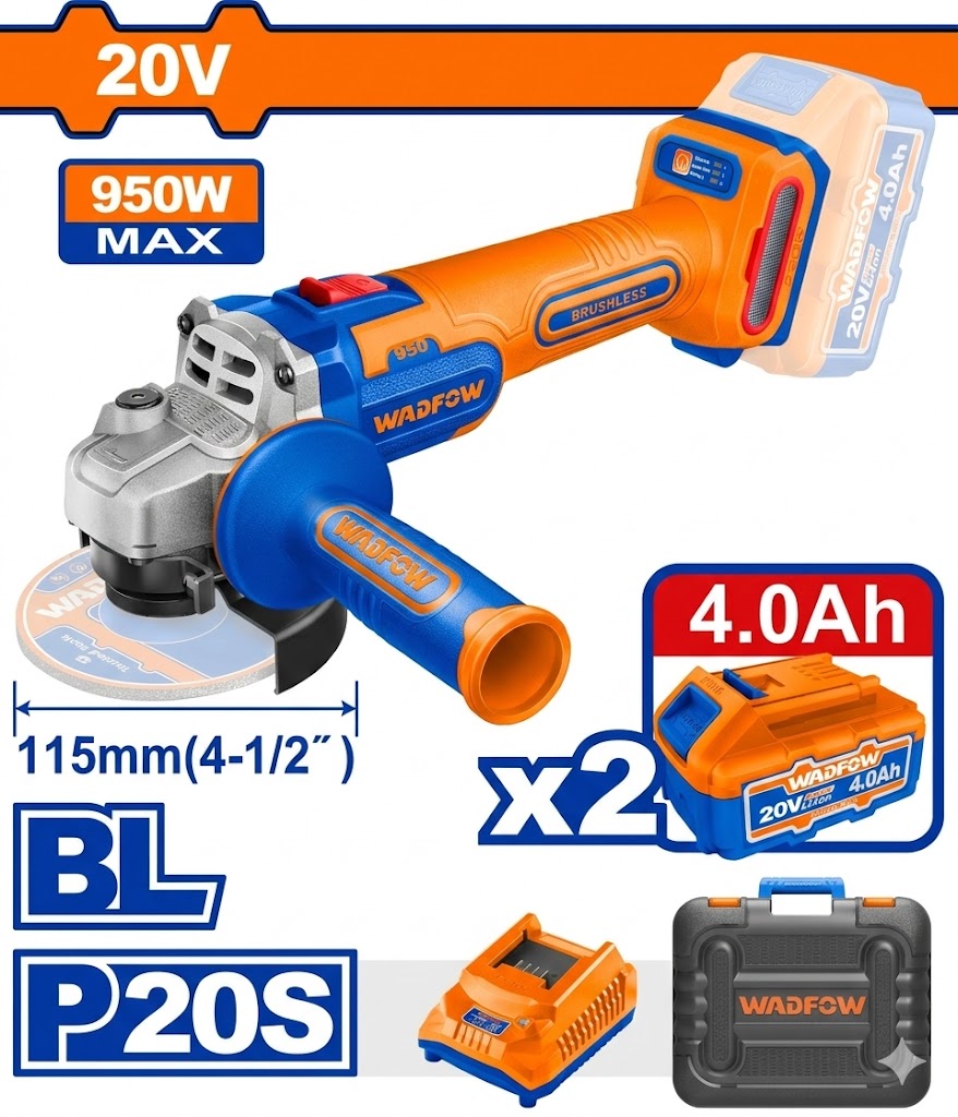 ESMERIL WADFOW INALAMBRICO 4 1/2 20V CON CARGADOR Y BATERIAS 4.0 AH