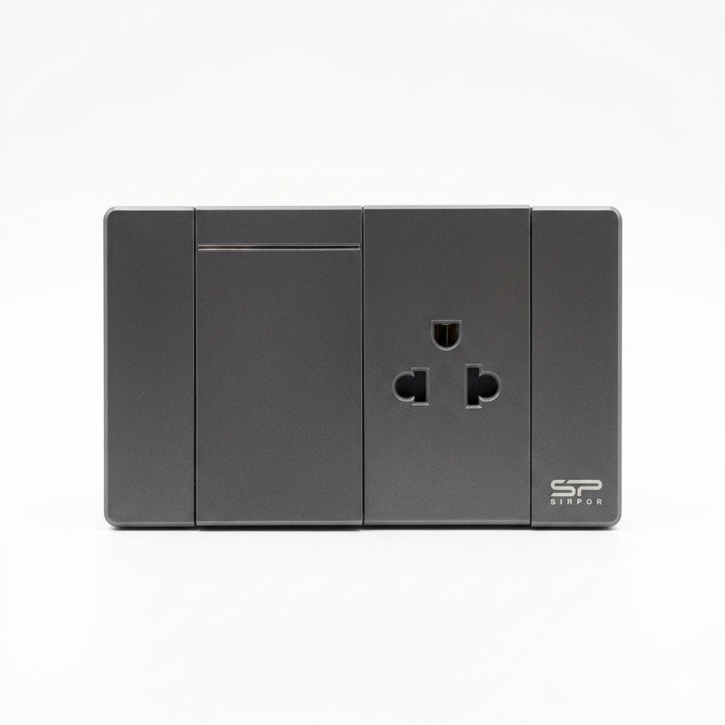 INTERRUPTOR Y TOMACORRIENTE SIMPLE GRIS OSCURO