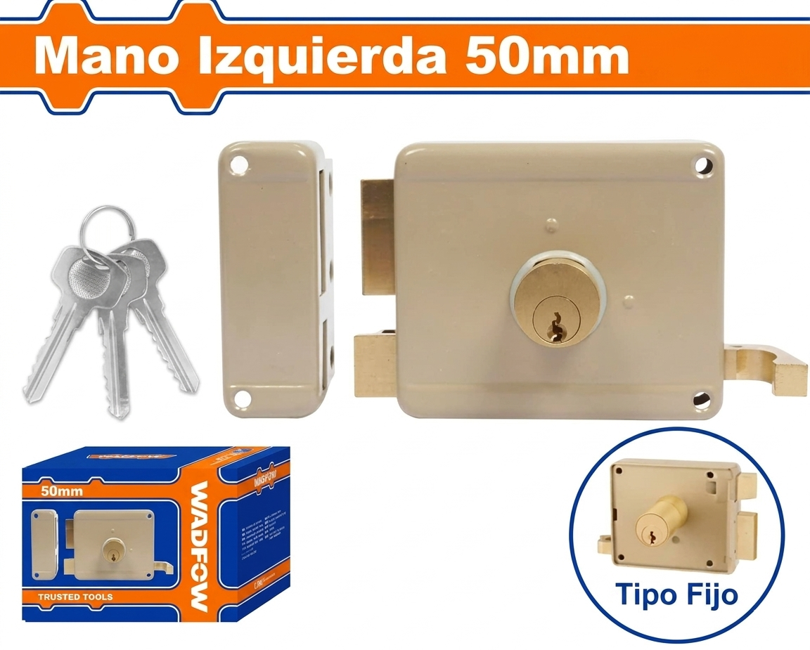 CERRADURA DE SOBREPONER PARA PUERTAS. CILINDRO FIJO. LADO IZQUIERDO DE 50MM. INCLUYE 3 LLAVES.