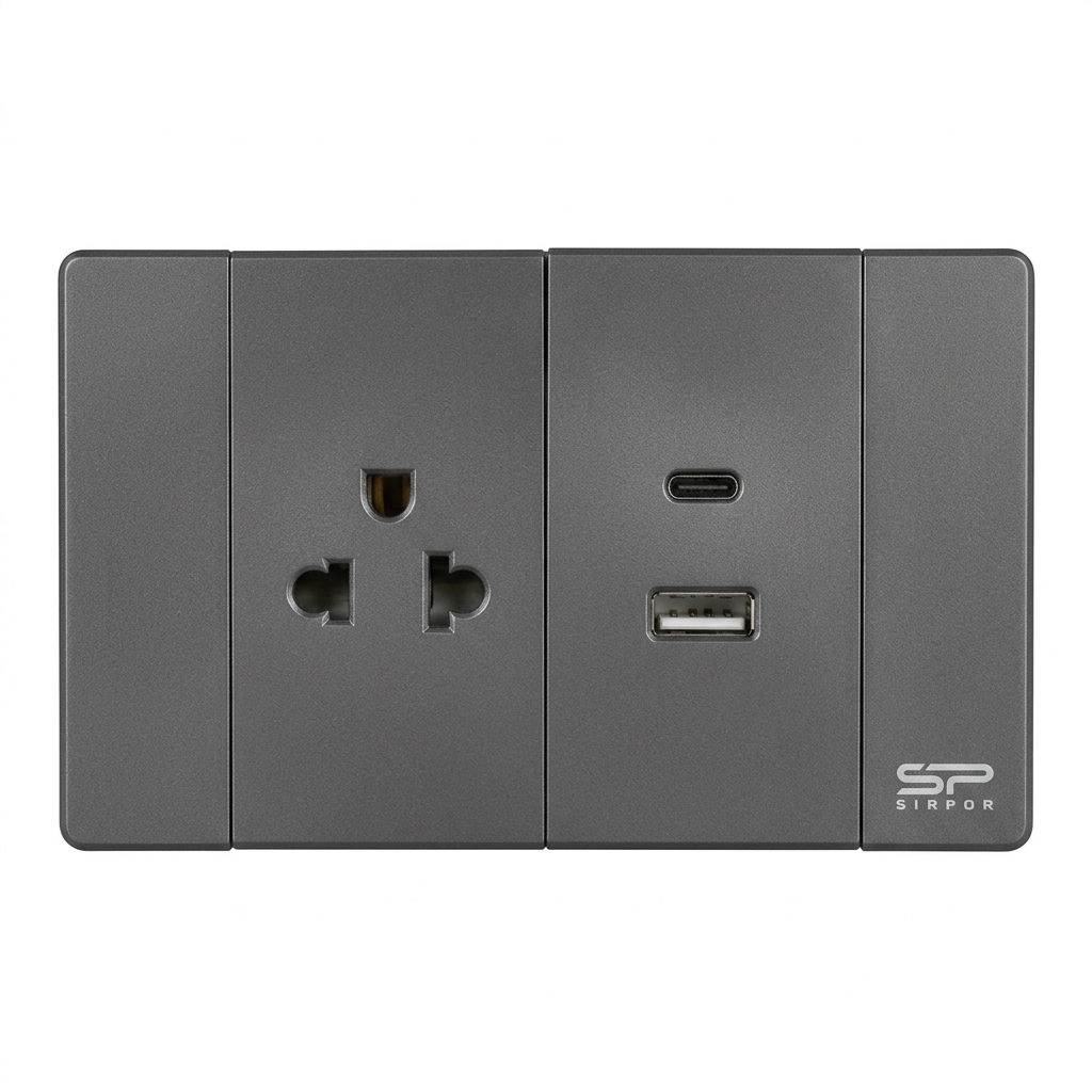 TOMACORRIENTE SIMPLE Y USB DOBLE GRIS OSCURO DE LUJO 15 AMP