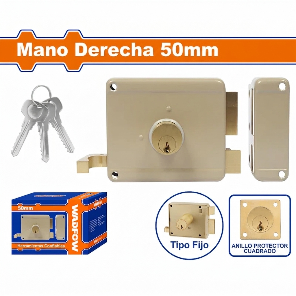 CERRADURA DE SOBREPONER PARA PUERTAS. CILINDRO FIJO. LADO DERECHO DE 50MM. INCLUYE 3 LLAVES.
