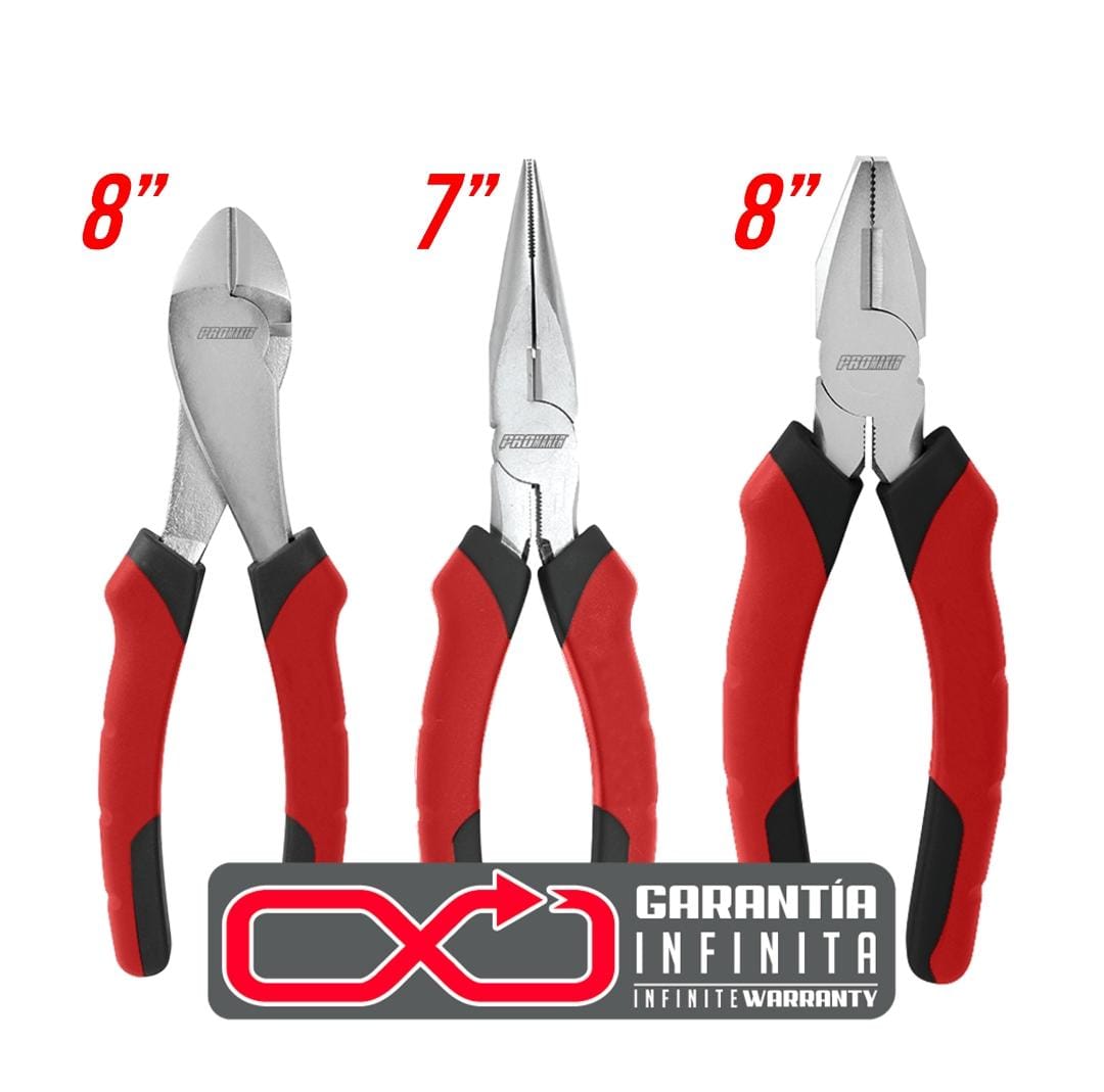JUEGO DE ALICATES DE ELECTRICISTA PROMAKER 3 PIEZAS GARANTIA INFINITA