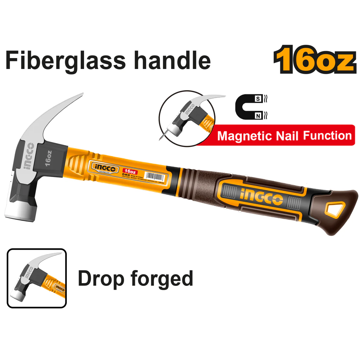 MARTILLO DE UÑA INGCO 16OZ MAGNETICO MANGO DE FIBRA DE VIDRIO