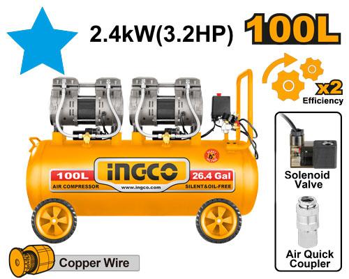 COMPRESOR DE AIRE 2.4KW 3.2HP 100L INGCO SIN ACEITE