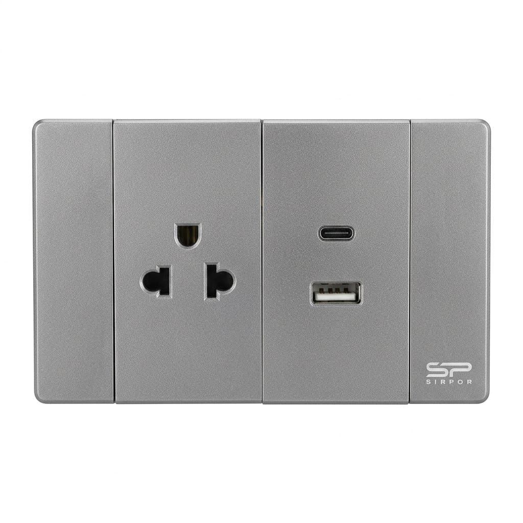 TOMACORRIENTE SIMPLE Y USB DOBLE PLATEADO DE LUJO 15 AMP