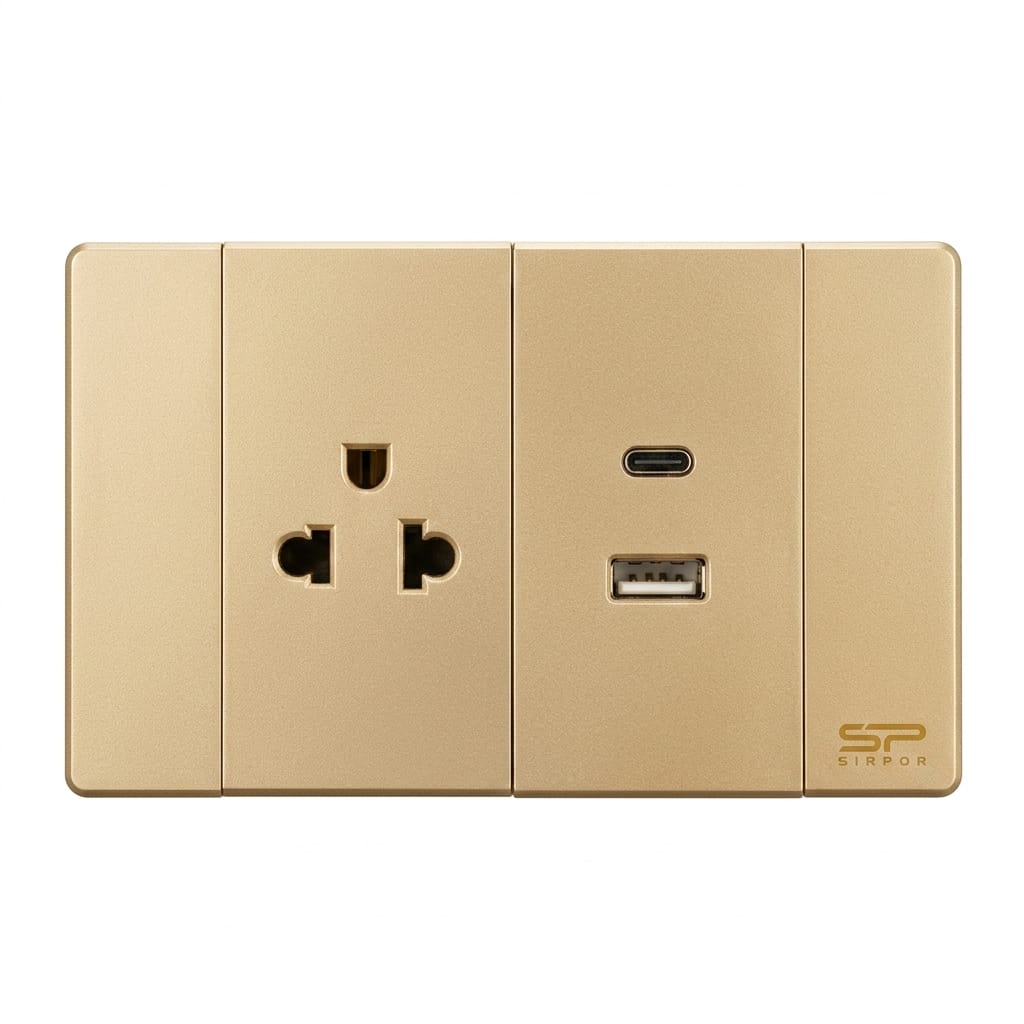 TOMACORRIENTE SIMPLE Y USB DOBLE DORADO DE LUJO 15 AMP