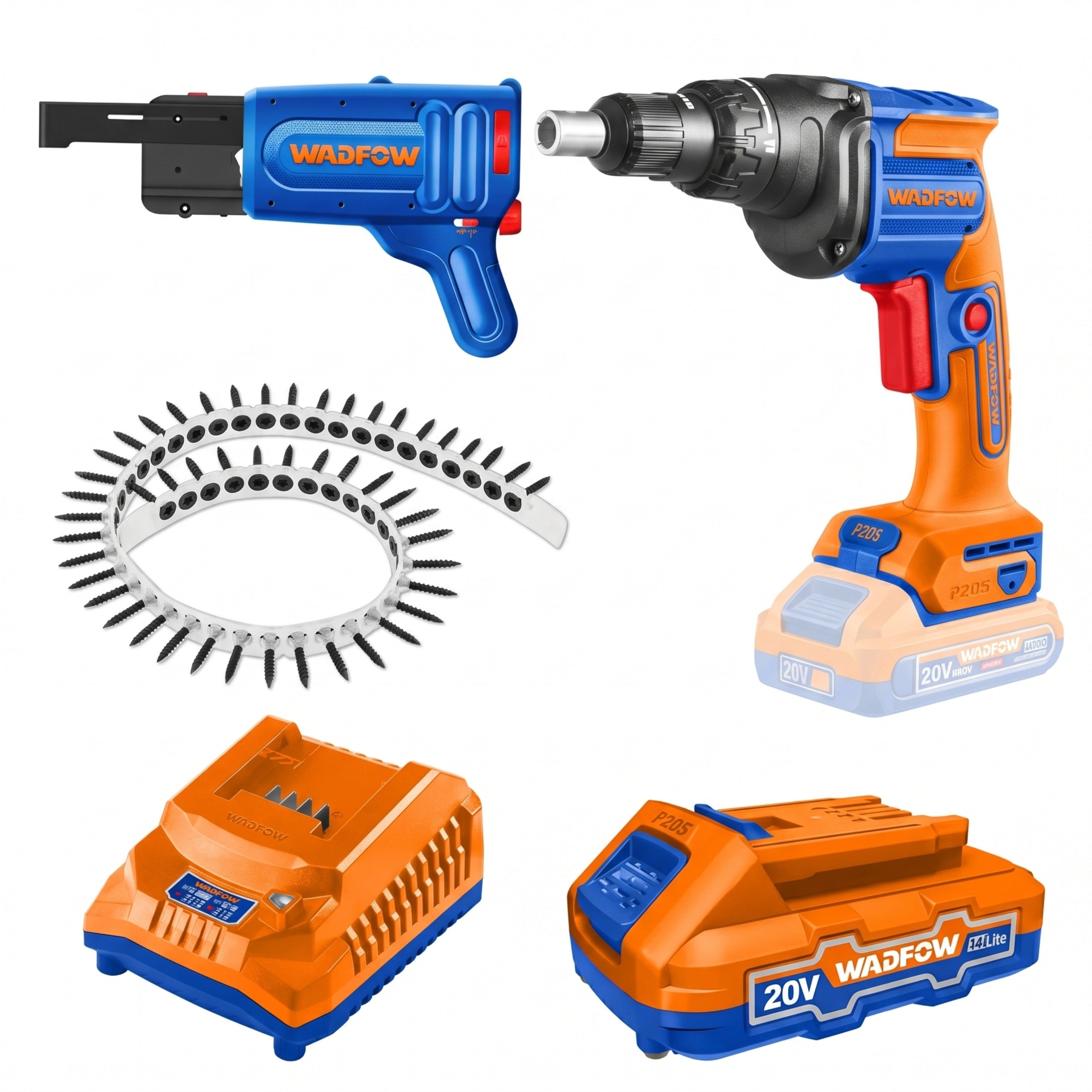 COMBO TALADRO DE DRYWALL, PISTOLA DE TORNILLOS, TIRA DE TORNILLOS BATERIA Y CARGADOR WADFOW